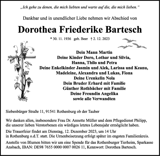 Traueranzeige von Dorothea Friederike Bartesch von Rothenburg