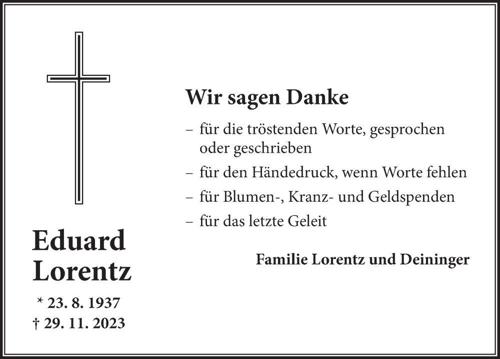  Traueranzeige für Eduard Lorentz vom 30.12.2023 aus Dinkelsbühl/ Feuchtwangen