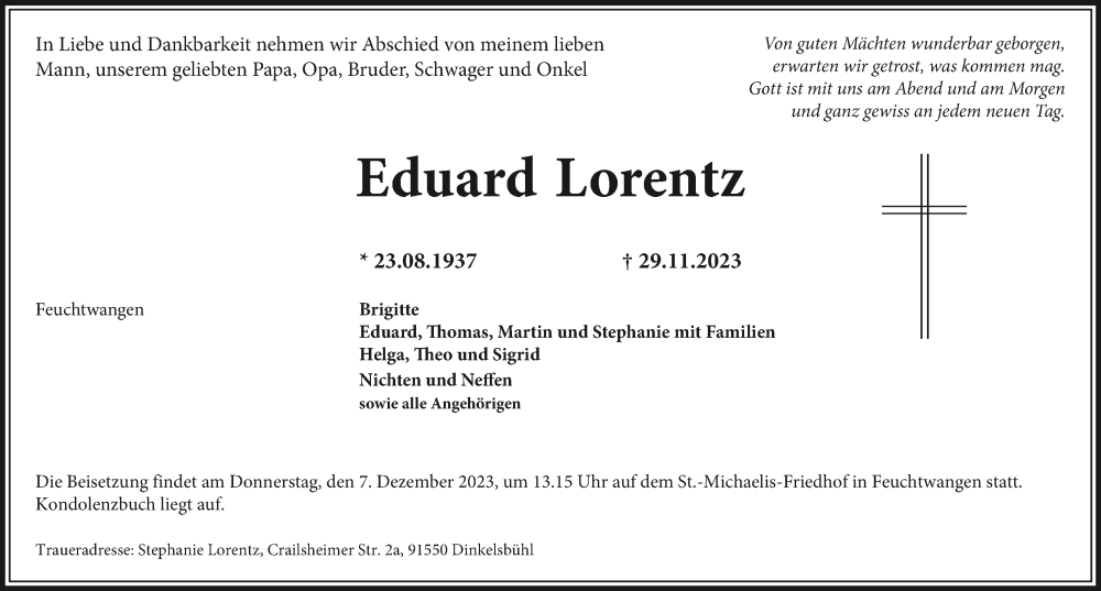  Traueranzeige für Eduard Lorentz vom 05.12.2023 aus Dinkelsbühl/ Feuchtwangen