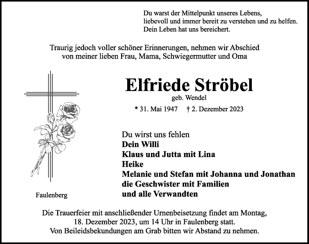  Traueranzeige für Elfriede Ströbel vom 14.12.2023 aus Rothenburg