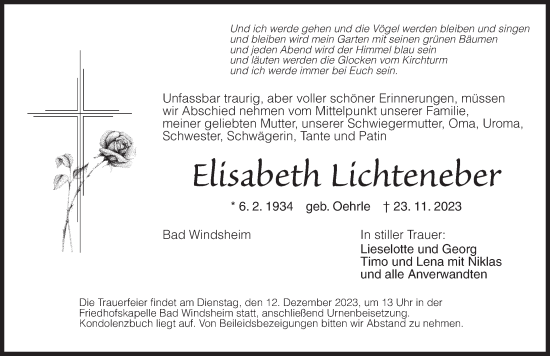 Traueranzeige von Elisabeth Fichteneber von Neustadt/ Scheinfeld/ Uffenheim