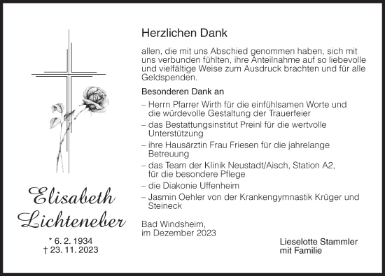Traueranzeige von Elisabeth Lichteneber von Neustadt/ Scheinfeld/ Uffenheim
