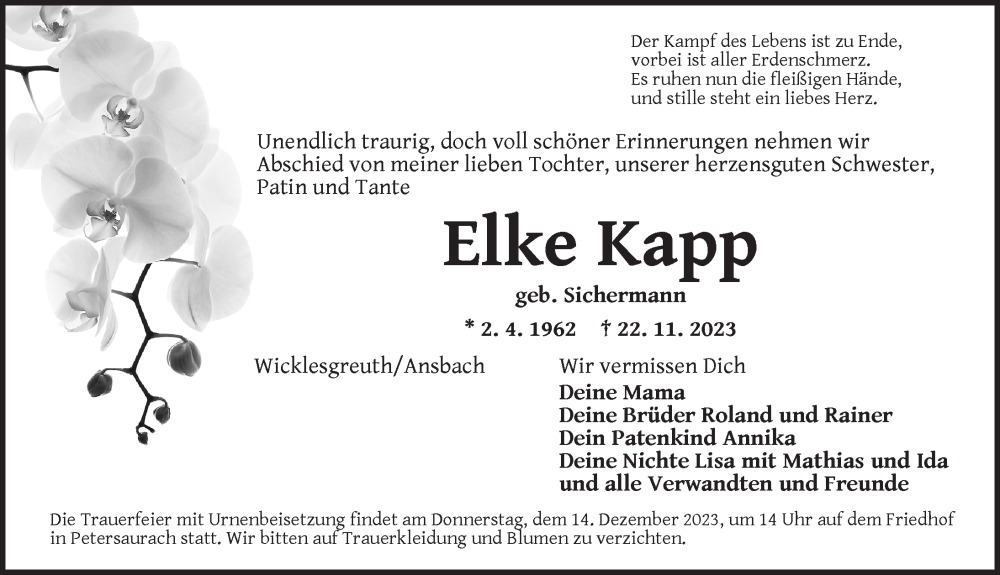  Traueranzeige für Elke Kapp vom 09.12.2023 aus Ansbach