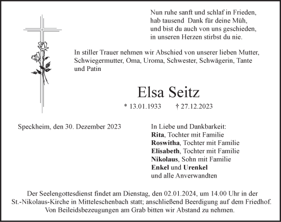 Traueranzeige von Elsa Seitz von Ansbach