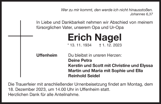 Traueranzeige von Erich Nagel von Neustadt/ Scheinfeld/ Uffenheim