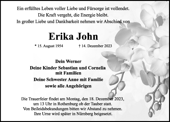 Traueranzeige von Erika John von Rothenburg