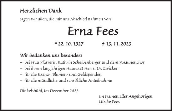 Traueranzeige von Erna Fees von Dinkelsbühl/ Feuchtwangen