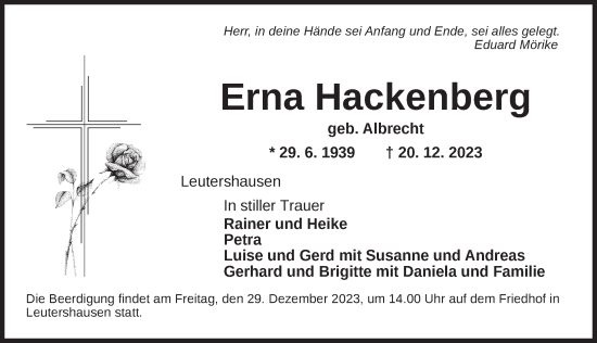 Traueranzeige von Erna Hackenberg von Ansbach