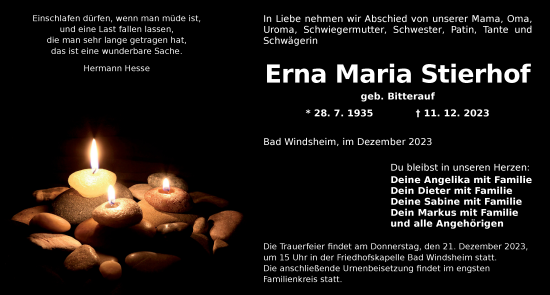 Traueranzeige von Erna Maria Stierhof von Neustadt/ Scheinfeld/ Uffenheim