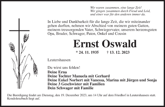 Traueranzeige von Ernst Oswald von Ansbach