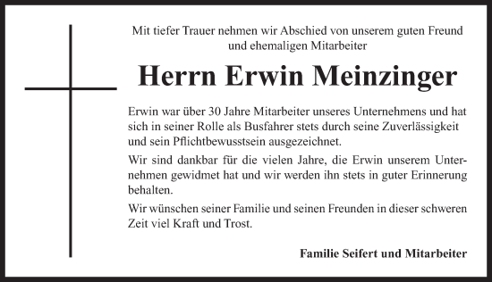 Traueranzeige von Erwin Meinzinger von Neustadt/ Scheinfeld/ Uffenheim