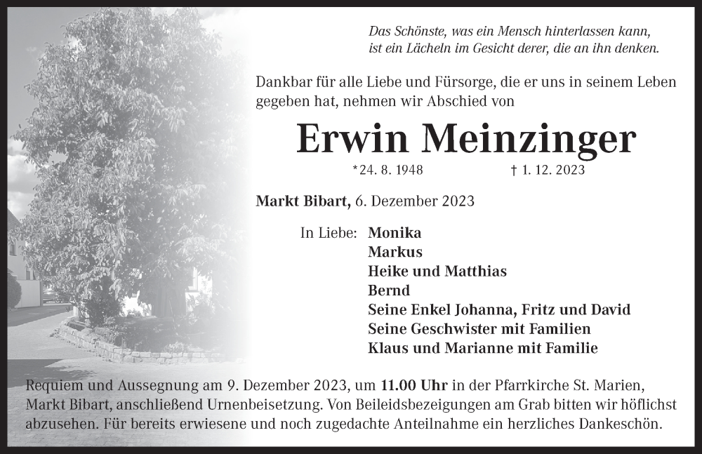  Traueranzeige für Erwin Meinzinger vom 06.12.2023 aus Neustadt/ Scheinfeld/ Uffenheim