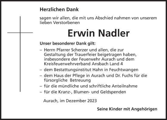 Traueranzeige von Erwin Nadler von Ansbach