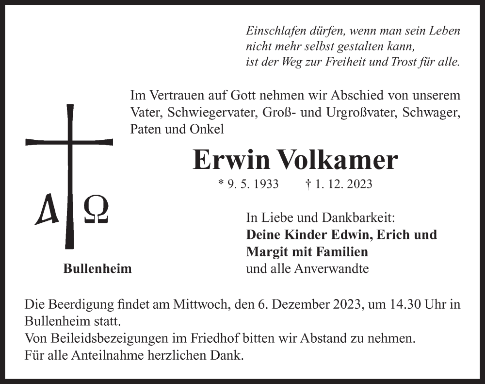  Traueranzeige für Erwin Volkamer vom 05.12.2023 aus Neustadt/ Scheinfeld/ Uffenheim