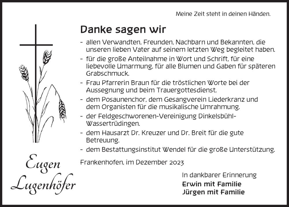  Traueranzeige für Eugen Lugenhöfer vom 23.12.2023 aus Dinkelsbühl/ Feuchtwangen