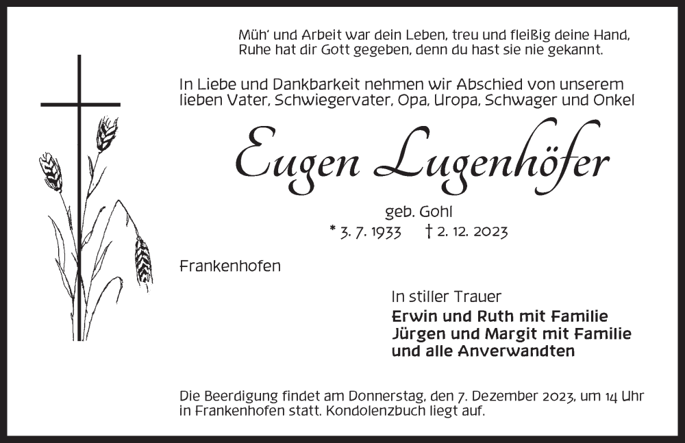  Traueranzeige für Eugen Lugenhöfer vom 06.12.2023 aus Dinkelsbühl/ Feuchtwangen