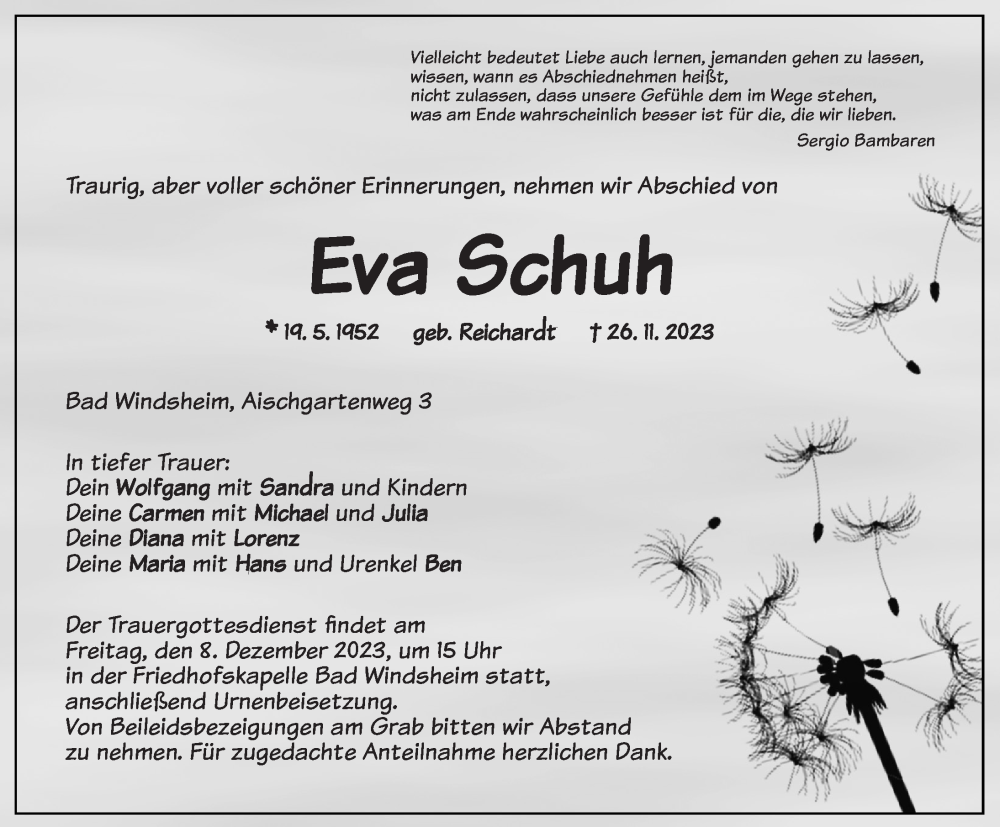  Traueranzeige für Eva Schuh vom 07.12.2023 aus Neustadt/ Scheinfeld/ Uffenheim