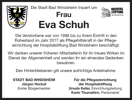 Traueranzeige von Eva Schuh von Neustadt/ Scheinfeld/ Uffenheim