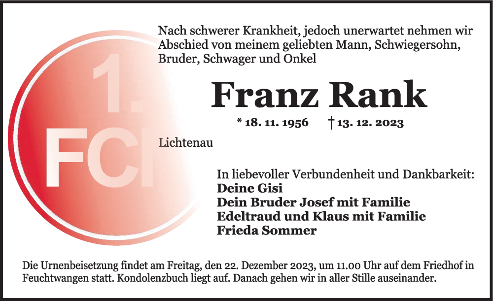  Traueranzeige für Franz Rank vom 20.12.2023 aus Dinkelsbühl/ Feuchtwangen