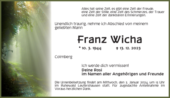 Traueranzeige von Franz Wicha von Ansbach