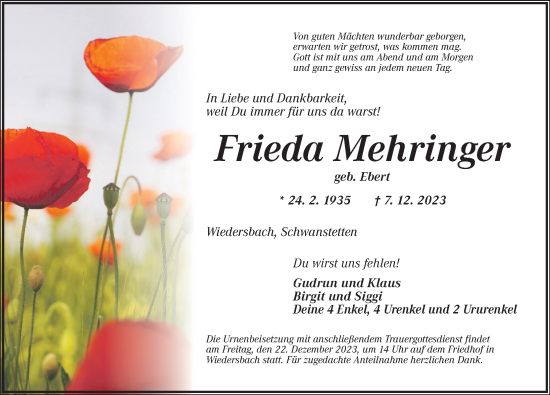 Traueranzeige von Frieda Mehringer von Ansbach
