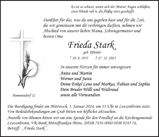 Traueranzeige von Frieda Stark von Rothenburg