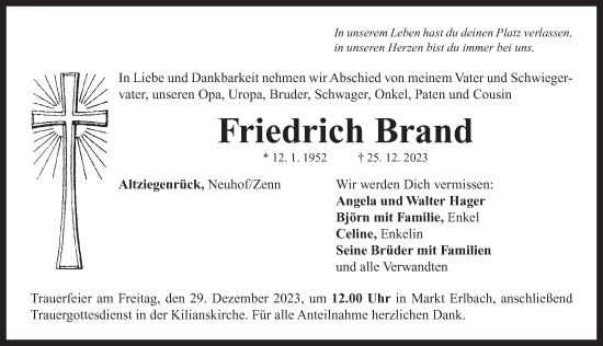 Traueranzeige von Friedrich Brand von Neustadt/ Scheinfeld/ Uffenheim