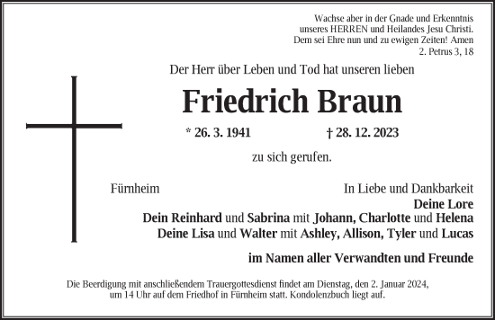 Traueranzeige von Friedrich Braun von Dinkelsbühl/ Feuchtwangen