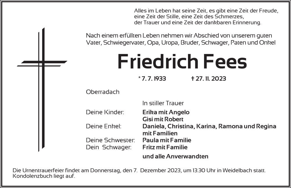  Traueranzeige für Friedrich Fees vom 06.12.2023 aus Dinkelsbühl/ Feuchtwangen