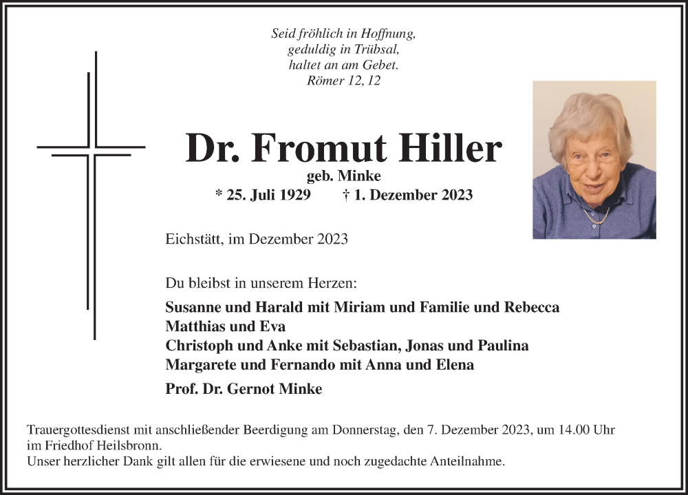  Traueranzeige für Fromut Hiller vom 05.12.2023 aus Ansbach