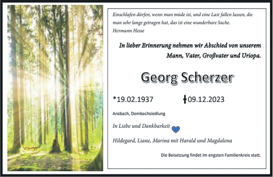 Traueranzeige von Georg Scherzer von Ansbach