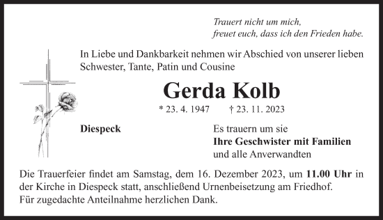 Traueranzeige von Gerda Kolb von Neustadt/ Scheinfeld/ Uffenheim