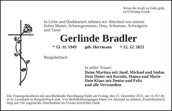 Traueranzeige von Gerlinde Bradler von Ansbach