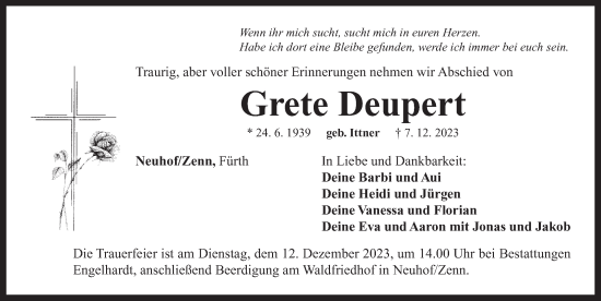 Traueranzeige von Grete Deupert von Neustadt/ Scheinfeld/ Uffenheim