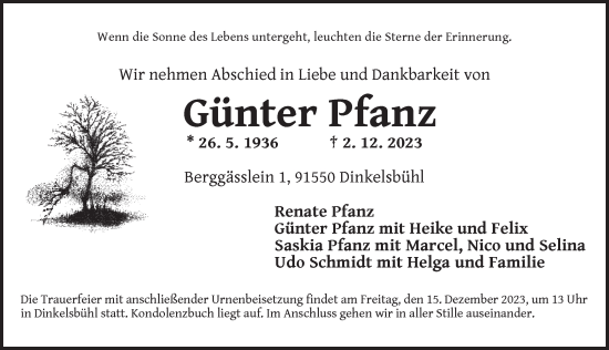 Traueranzeige von Günter Pfanz von Dinkelsbühl/ Feuchtwangen