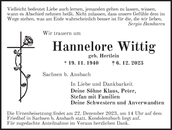 Traueranzeige von Hannelore Wittig von Ansbach