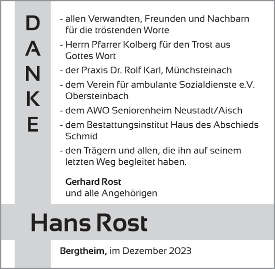 Traueranzeige von Hans Rost von Neustadt/ Scheinfeld/ Uffenheim