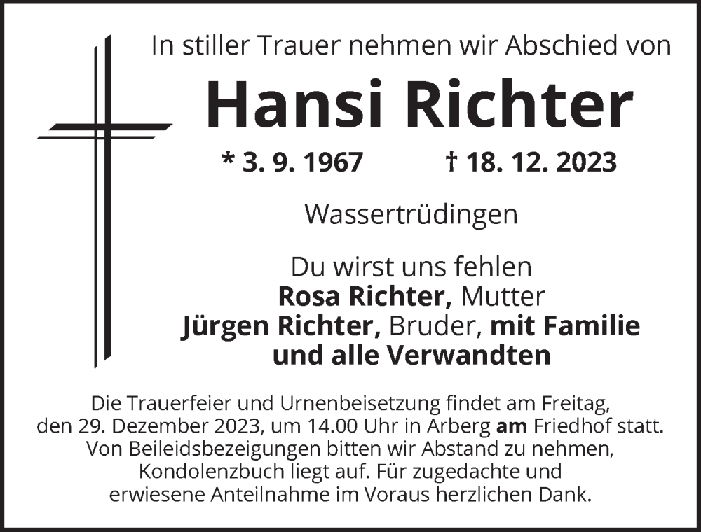  Traueranzeige für Hansi Richter vom 23.12.2023 aus Dinkelsbühl/ Feuchtwangen