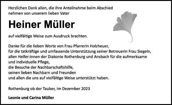 Traueranzeige von Heiner Müller von Rothenburg