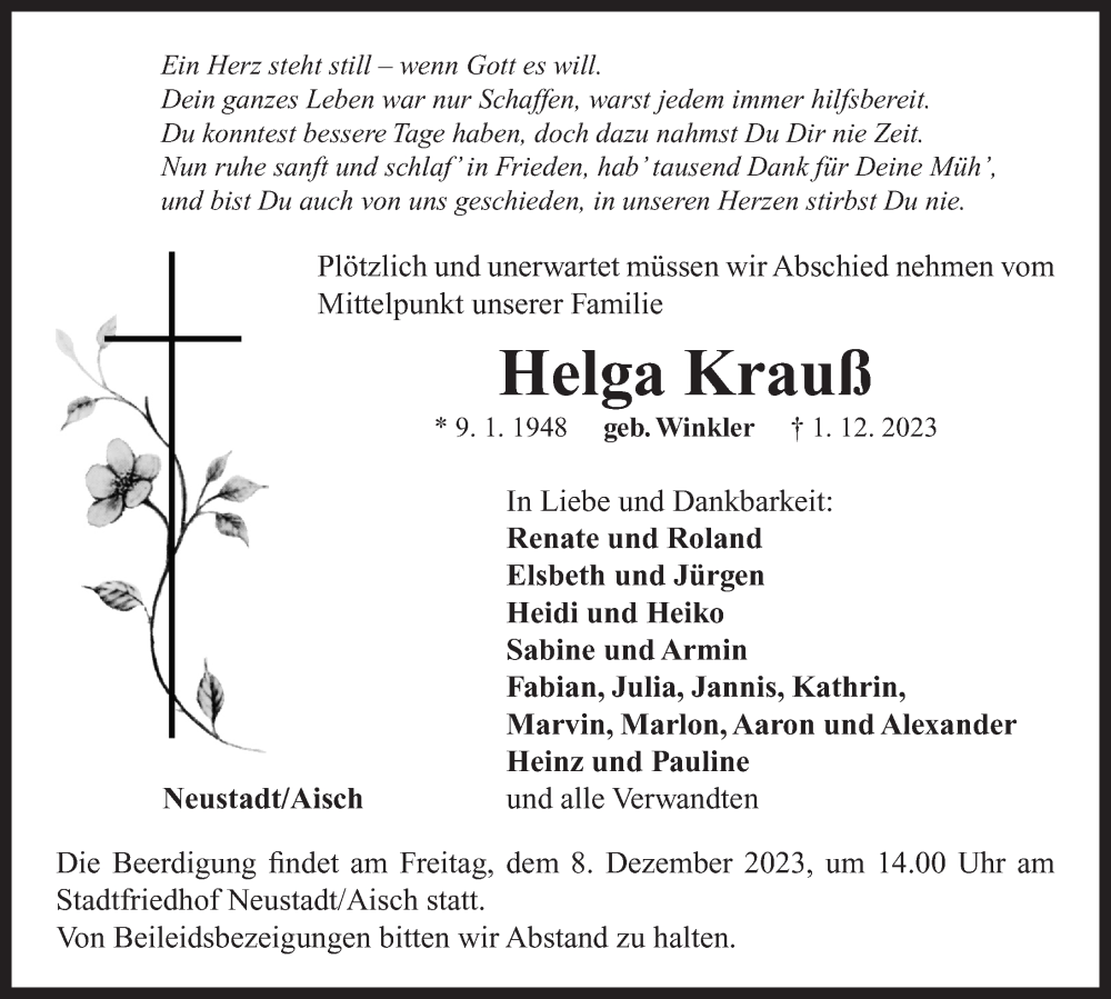  Traueranzeige für Helga Krauß vom 06.12.2023 aus Neustadt/ Scheinfeld/ Uffenheim