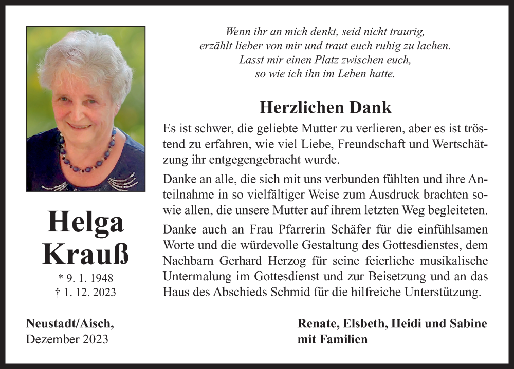  Traueranzeige für Helga Krauß vom 30.12.2023 aus Neustadt/ Scheinfeld/ Uffenheim