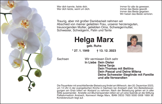 Traueranzeige von Helga Marx von Ansbach