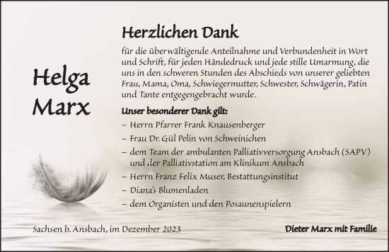 Traueranzeige von Helga Marx von Ansbach