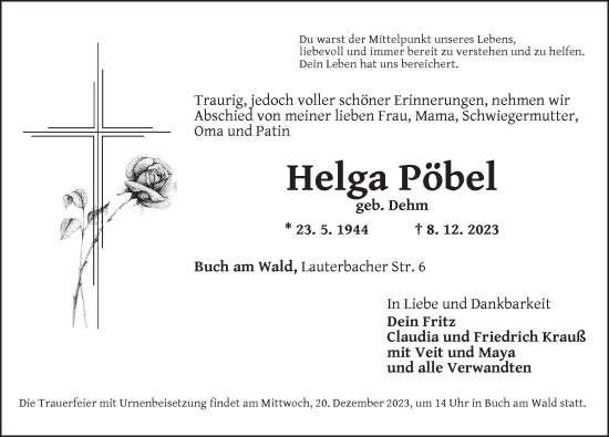 Traueranzeige von Helga Pöbel von Rothenburg