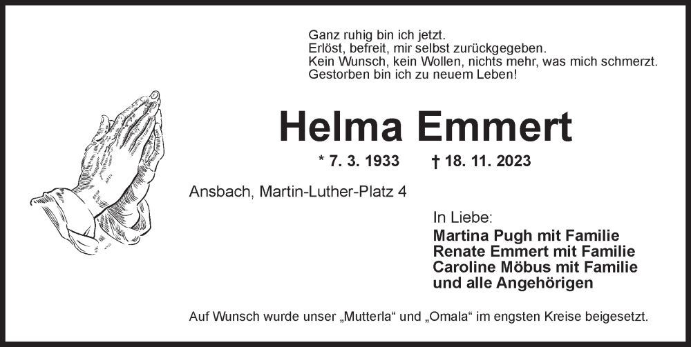  Traueranzeige für Helma Emmert vom 07.12.2023 aus Ansbach
