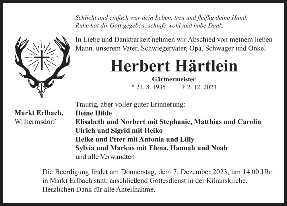 Traueranzeige für Herbert Härtlein vom 05.12.2023 aus Neustadt/ Scheinfeld/ Uffenheim