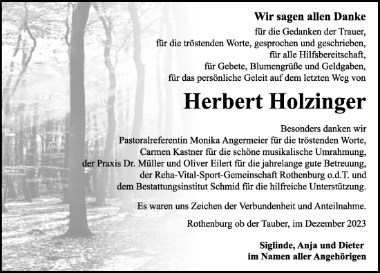 Traueranzeige von Herbert Holzinger von Rothenburg