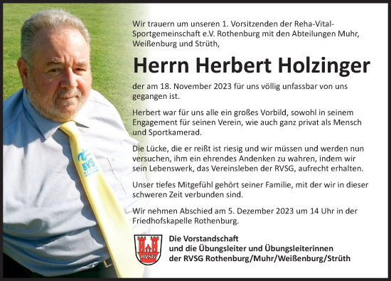 Traueranzeige von Herbert Holzinger von Rothenburg