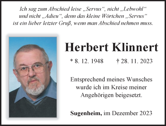 Traueranzeige von Herbert Klinnert von Neustadt/ Scheinfeld/ Uffenheim