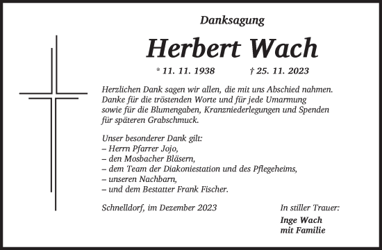 Traueranzeige von Herbert Wach von Dinkelsbühl/ Feuchtwangen